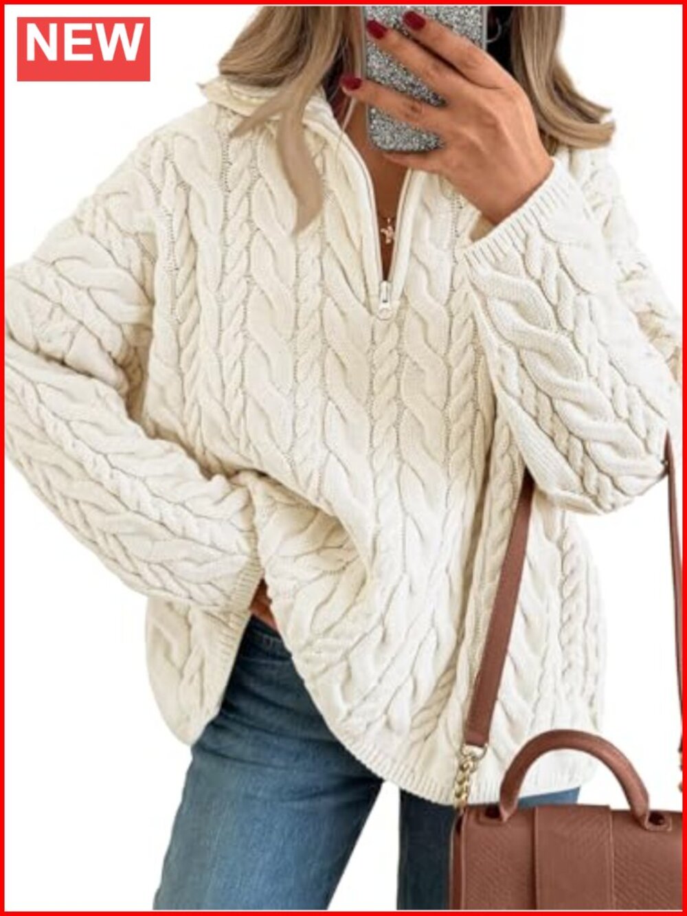 Oversized Chunky Cable Knit Quarter Zip Pullover Sweater Women